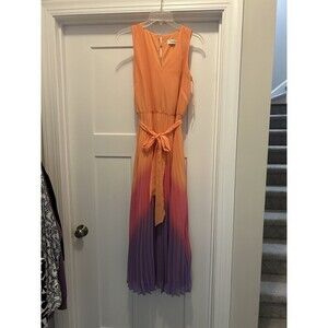 Women's Ombré Pleated Sleeveless Tie Midi Dress Orange Purple Wedding Formal